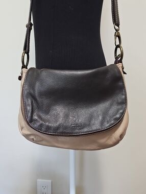 Two-Tone Leather Crossbody Bag in Brown & Beige